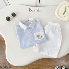  Set bộ sơ mi tay ngắn cho bé trai họa tiết kẻ Summer kèm quần short kaki size 9 đến 25kg BERNIE H1225B18Đ 