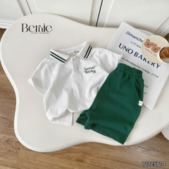 Set bộ polo tay ngắn cổ dệt thêu họa tiết Holiday xanh kèm quần short size 9 tới 28kg BERNIE T1125B14