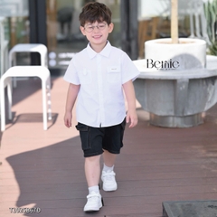 Set bộ tay ngắn cho bé trai áo sơ mi trắng kèm quần short jean phong cách Little Boss size 9 tới 28kg BERNIE T1025B67Đ 