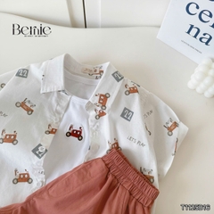  Set sơ mi 3 chi tiết áo tay ngắn họa tiết ô tô áo ba lỗ kèm quần short kaki cho bé trai 9 tới 28kg BERNIE T1125B16