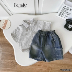 Set bộ sơ mi cho bé trai áo tay ngắn họa tiết Grafiti kèm quần short jean size 11 đến 28kg BERNIE T1225B09