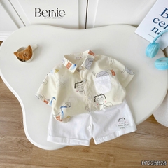 Set bộ sơ mi bé trai đi chơi đi biển áo tay ngắn họa tiết Papa Cat kèm quần short 11 tới 28kg BERNIE H1225B28