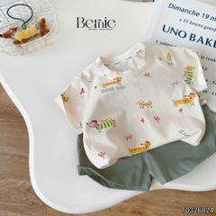 Set bộ tay ngắn cotton cho bé trai họa tiết in trần Puppy Good day kèm quần short size 9 tới 25kg BERNIE T0326B24