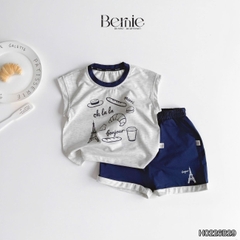 Set bộ cho bé trai áo tanktop họa tiết Bonjour phối màu kèm quần short size 9 tới 28kg BERNIE H0226B29
