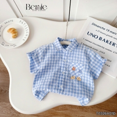 Áo sơ mi caro xannh ngắn tay kèm áo ba lỗ ô tô cho bé trai đi chơi đi biển mặc nhà size 9 tới 27kg BERNIE T0326A01Đ