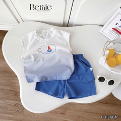 Set bộ áo tanktop Sailor loang xanh kèm quần short cho bé trai đi chơi đi biển size 1 tới 7 tuổi BERNIE H0126B16