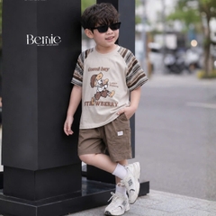 Set tay ngắn áo raplang họa tiết kẻ Good boy kèm quần short kaki cho bé trai size 9 đến 28kg BERNIE H0226B36
