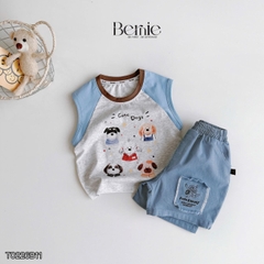 Set bộ bé trai áo thun tanktop họa tiết 5 Chú cún Cute kèm quần short denim size 9 đến 25kg BERNIE T0226B11