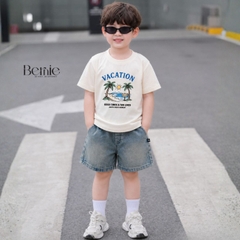 Set bộ bé trai áo thun tay ngắn họa tiết dừa be đi biển kèm quần short jean cho bé trai size 9 đến 25kg BERNIE H0426B51Đ