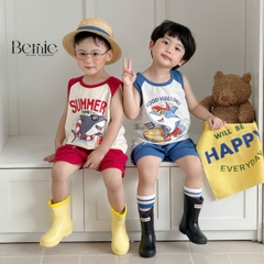 Set bộ ba lỗ áo thun phối màu họa tiết Baby Shark kèm quần short cho bé trai đi chơi đi biển size 1 tới 7 tuổi BERNIE H0326B34