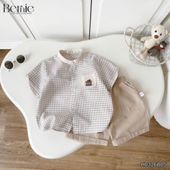Set bộ sơ mi nâu gấu Lucky áo cổ trụ tay ngắn caro kèm quần short cho bé trai từ 11 đến 28kg BERNIE H0326B05