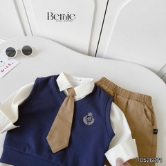 Set bộ 4CT áo sơ mi tay dài áo gi lê rời thêu phù hiệu kèm cà vạt và quần kaki size 1 đến 7 tuổi BERNIE T0526B71