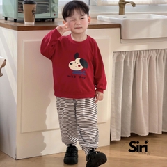 Set bộ dài tay thu đông thun cotton áo đỏ họa tiết cún nhỏ ấm áp kèm quần dài kẻ sọc size 9 tới 26kg BERNIE SIRI 6382BDK