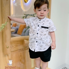 Set đồ bộ sơ mi tơ đũi ngắn tay cho bé trai đi biển đi chơi áo họa tiết hoa lá cây dừa nổi bật kèm quần BERNIE