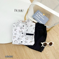 Set đồ bộ sơ mi tơ đũi ngắn tay cho bé trai đi biển đi chơi áo họa tiết hoa lá cây dừa nổi bật kèm quần BERNIE