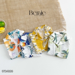 Set sơ mi tơ đũi cho bé trai đi biển đi chơi áo họa tiết hoa lá cây dừa nổi bật kèm quần ngắn BERNIE