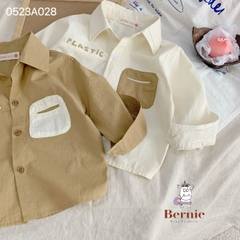 Áo sơ mi ngắn tay bé trai đáp túi chữ Plastic vintage chất thô đũi mềm cho bé 1 đến 7 tuổi BERNIE