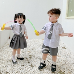 Set đồ sơ mi đồng phục đôi ngắn tay cho bé trai bé gái phối sọc kèm cà vạt đi học đi chơi 1đến 7t BERNIE 23B356