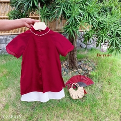 Áo dài bé gái cách tân bé trai lụa cao cấp màu đỏ họa tiết cánh bướm BERNIE 1 đến 7 tuổi 1023B013