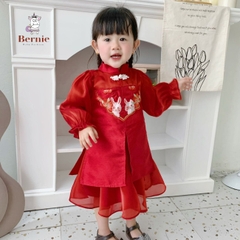 Áo dài tết chân váy cách tân bé trai bé gái BERNIE kids phối viền thêu thỏ 1 đến 7 tuổi 0823B009