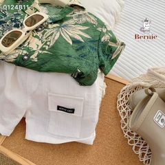 Set sơ mi tơ đũi cho bé trai đi biển đi chơi áo họa tiết hoa lá cây dừa nổi bật kèm quần ngắn BERNIE
