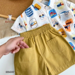 Set sơ mi tơ đũi cho bé trai đi biển đi chơi áo họa tiết hoa lá cây dừa nổi bật kèm quần BERNIE