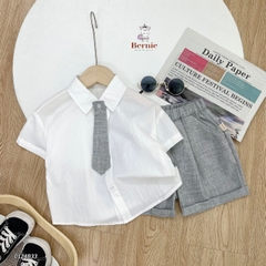 Set sơ mi trắng đồng phục đôi cho bé trai bé gái kèm cà vạt quần kaki ngắn đi học đi tiệc 1 đến 7t BERNIE 0124b32