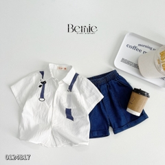 Set bộ sơ mi họa tiết gấu trúc ngắn tay cho bé trai kèm quần short jean size 1 đến 7 tuổi BERNIE 0124B17