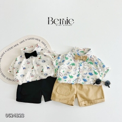 Set bộ quần áo set sơ mi công tử ngắn tay bé trai đính nơ rời mặc sinh nhật đi chơi đi tiệc 1 đến 7 tuổi BERNIE