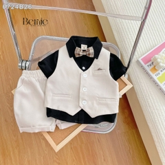 Set bộ vest gile công tử bé trai áo sơ mi tay ngắn màu đen phối gile kèm nơ 1 đến 7T BERNIE 0724B26