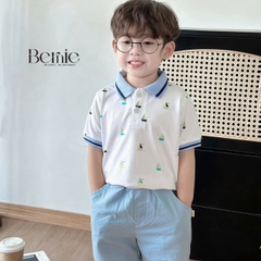 Set đồ thun bé trai polo áo ngắn phông màu trắng quần kaki mềm họa tiết thuyền 1 đến 7 tuổi BERNIE 1223B010T