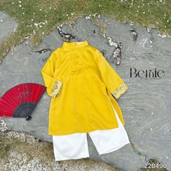 Áo dài bé trai kèm quần bé trai lụa gân màu đỏ màu vàng phối gấm rồng BERNIE bé từ 9 đến 24kg 22b490