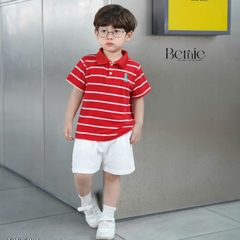 Bộ thun tay ngắn bộ polo sọc kèm quần short trắng bé trai phong cách Hàn quốc size 1 tới 7 tuổi BERNIE