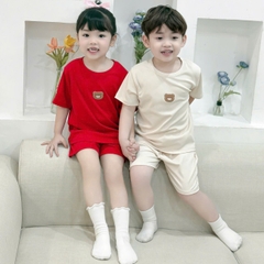 Đồ bộ unisex tay ngắn chất thun tăm cho bé trai bé gái họa tiết thêu gấu size từ 9 đến 24kg BERNIE H0125B14