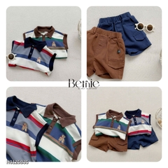 Set bộ polo kẻ ngang tanktop thêu gấu cho bé trai kèm quần short jean phong cách Hàn quốc 9 đến 28kg BERNIE H0125B35