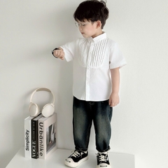 Áo sơ mi trắng công tử cộc tay xếp ly nổi cho bé trai size 9kg tới 28kg BERNIE H0125A16