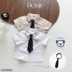 Set bộ sơ mi tay ngắn thêu gấu kèm cà vạt rời và quần short cho bé trai từ 9 đến 25kg BERNIE H0125B30