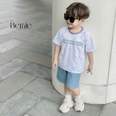 Set bộ loang tay ngắn cho bé trai họa tiết in chữ áo thun phối màu kèm quần short jean size 9 đến 28kg BERNIE H1124B83