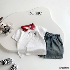 Set bộ polo kèm quần jean cho bé trai áo thun polo họa tiết thêu mickey và quần short jean mềm 1 đến 7 tuổi BERNIE T0425B65