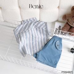 Set bộ tanktop cho bé trai áo sơ mi tanktop họa tiết kẻ xanh phối túi kèm quần short jean 9kg đến 28kg BERNIE P1224B01