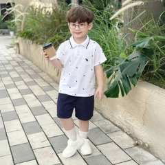 Set bộ polo bé trai tay ngắn cổ bo dệt họa tiết thêu cún kèm quần short kaki sz 9 tới 28kg BERNIE T0525B09