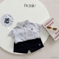 Set sơ mi ngắn tay kẻ sọc bé trai họa tiết thêu cáo kèm quần short cho bé từ 9kg tới 28kg BERNIE P0125B28