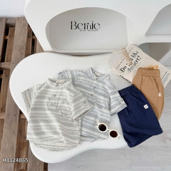  Set bộ sơ mi cổ trụ kẻ ngang phối túi viền kèm quần short kaki cho bé trai size 9 đến 28kg BERNIE H1124B65