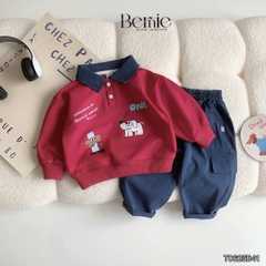 Set bộ polo tay dài áo polo đỏ họa tiết cún cho bé trai kèm quần jean dài size 1 đến 7 tuổi BERNIE T0625B41