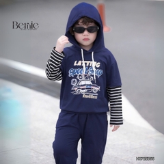 Set bộ tay dài thể thao unisex tay áo phối kẻ áo có mũ họa tiết ô tô đi chơi đi học 1 đến 7 tuổi BERNIE H0725B55