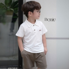 Set bộ polo tay ngắn màu trắng kem họa tiết in túi và chữ kèm quần short nâu cho bé trai 1 đến 7 tuổi BERNIE H0225B25