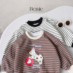 Set bộ nỉ tay dài kẻ sọc ngang phối màu họa tiết hình in cún dễ thương kèm quần dài unisex bé trai bé gái size 1 đến 7 tuổi BERNIE H0625B21