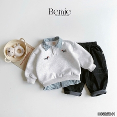 Set bộ nỉ tay dài phối cổ sơ mi sọc họa tiết thêu cún dễ thương kèm quần dài cho bé trai size 1 đến 7 tuổi BERNIE H0525B41