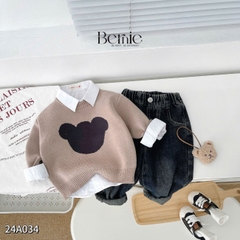 Áo len dài tay thêu phối màu hình mặt gấu dễ thương cho bé trai bé gái 1 đến 7 tuổi BERNIE 24A034