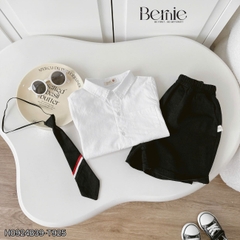 Set bộ đi chơi bé trai BERNIE áo sơ mi trắng cà vạt phối kẻ cho bé từ 9 đến 24kg